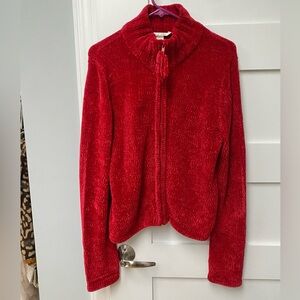 Red festive zip up jacket with Pom Pom zipper